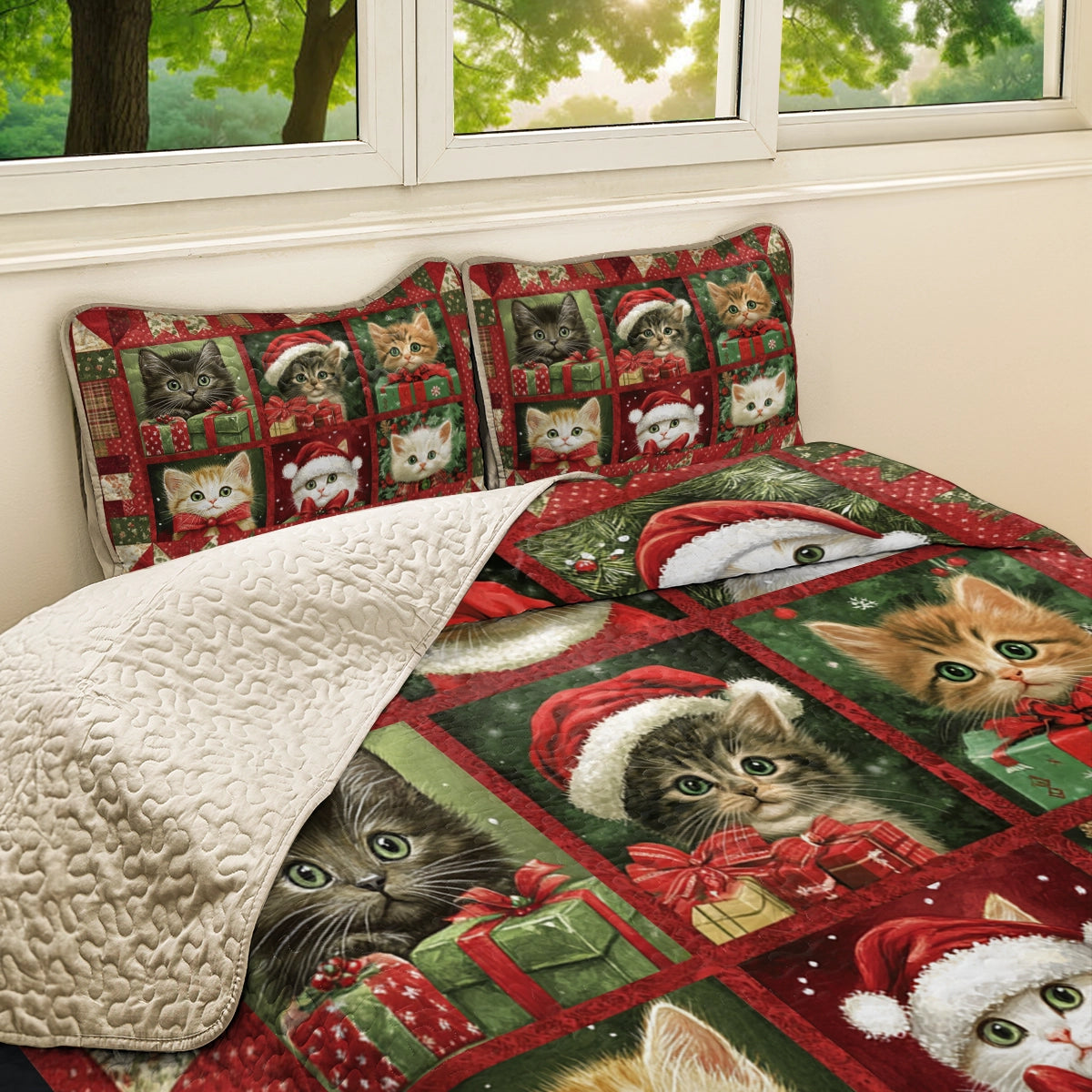 Shineful All Season Quilt 3-Piece Set Christmas Kitty Joy