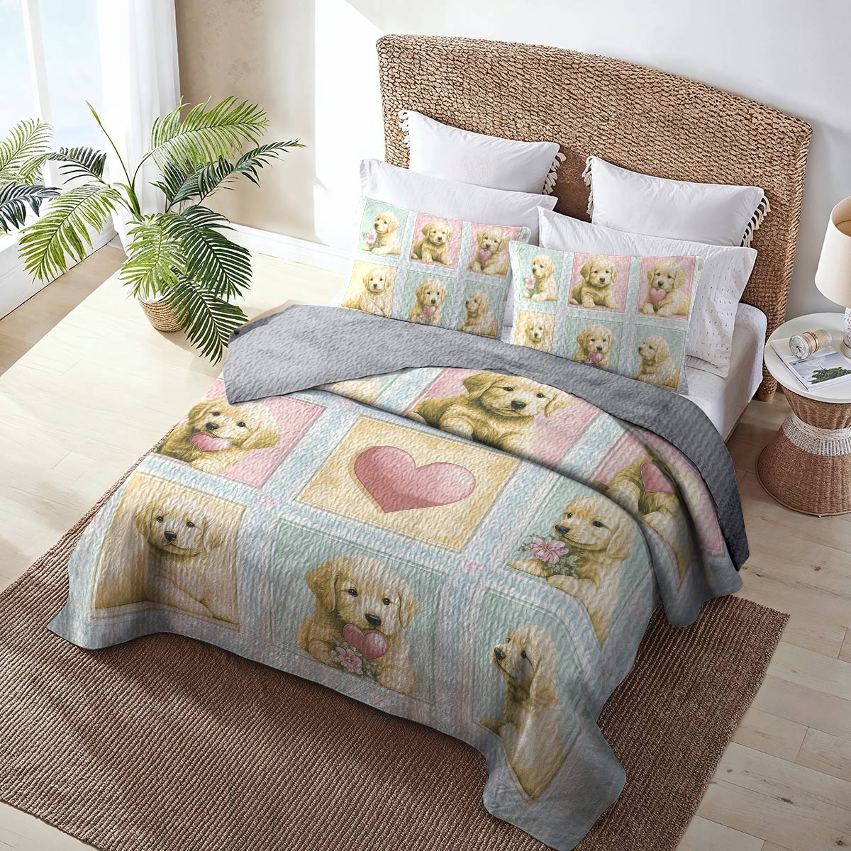 Shineful All Season Quilt 3-Piece Set - Golden Retriever Puppy Love
