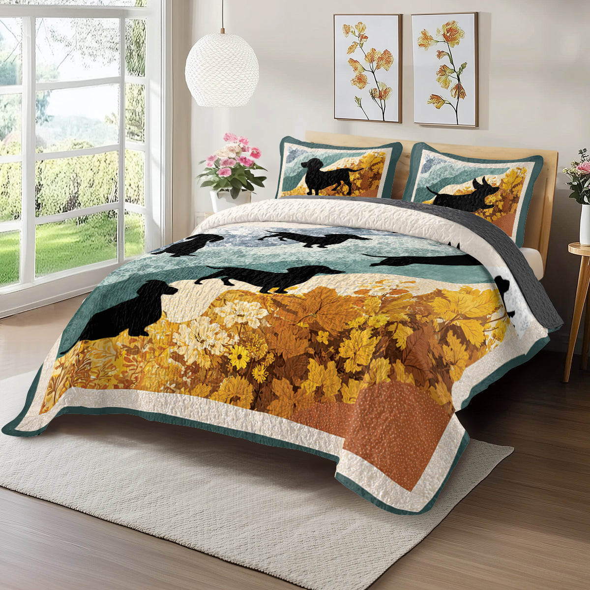 Shineful All Season Quilt 3-Piece Set Quilt Set Dachshund Autumn Walk