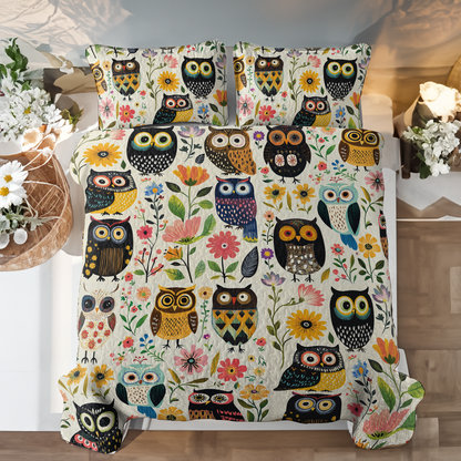 Shineful All Season Quilt 3-Piece Set Gentle Flowers Owl