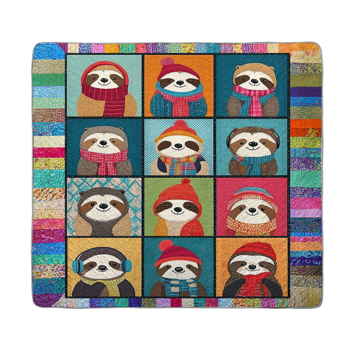 Shineful All Season Quilt 3-Piece Set Colorful Sloth Patchwork