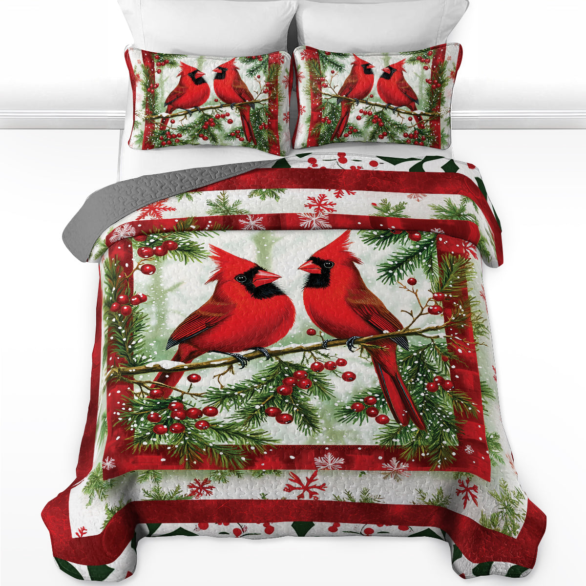 Shineful All Season Quilt 3-Piece Set - Festive Cardinals and Holly Quilt