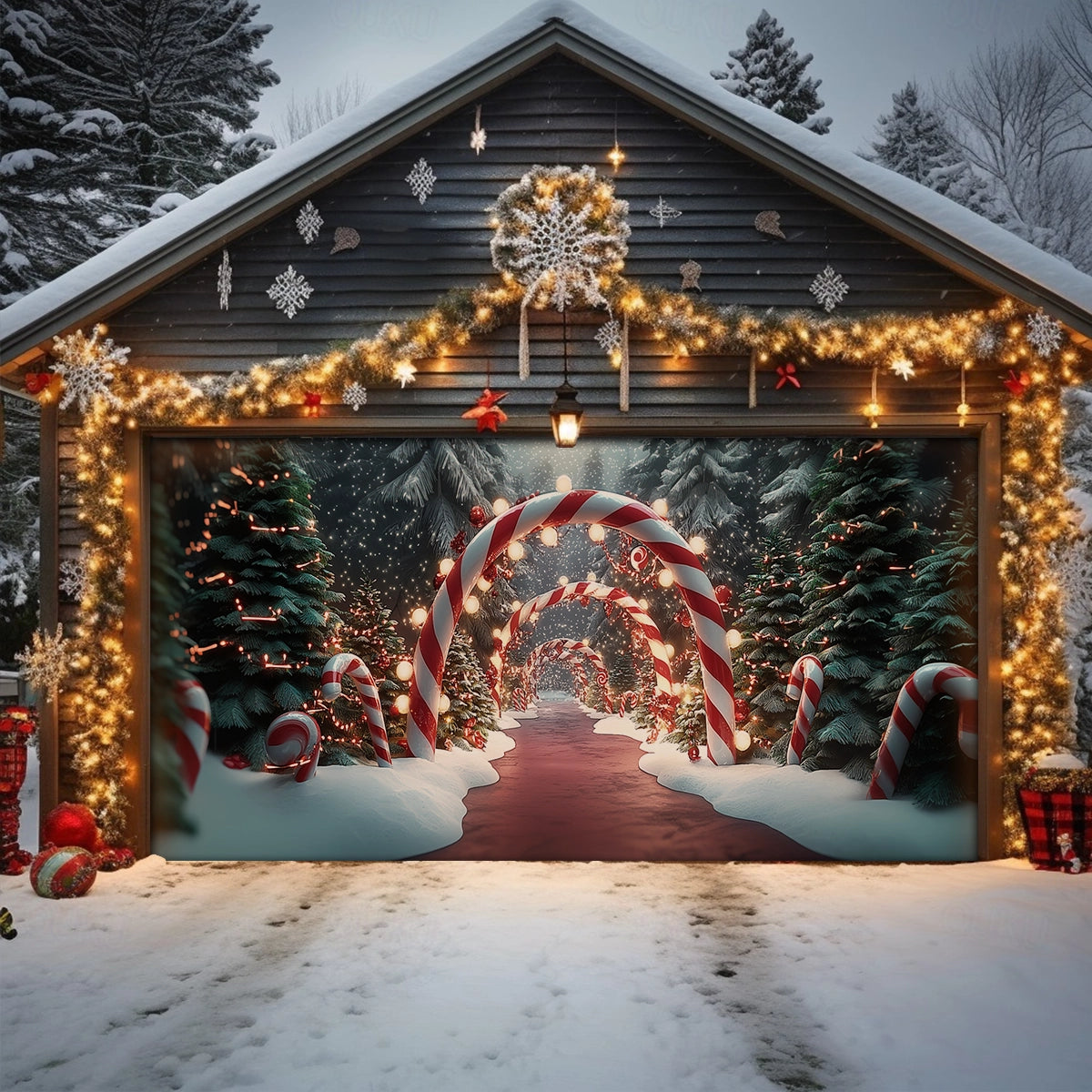 Shineful Garage Door Banner Decoration Winter Candy Cane