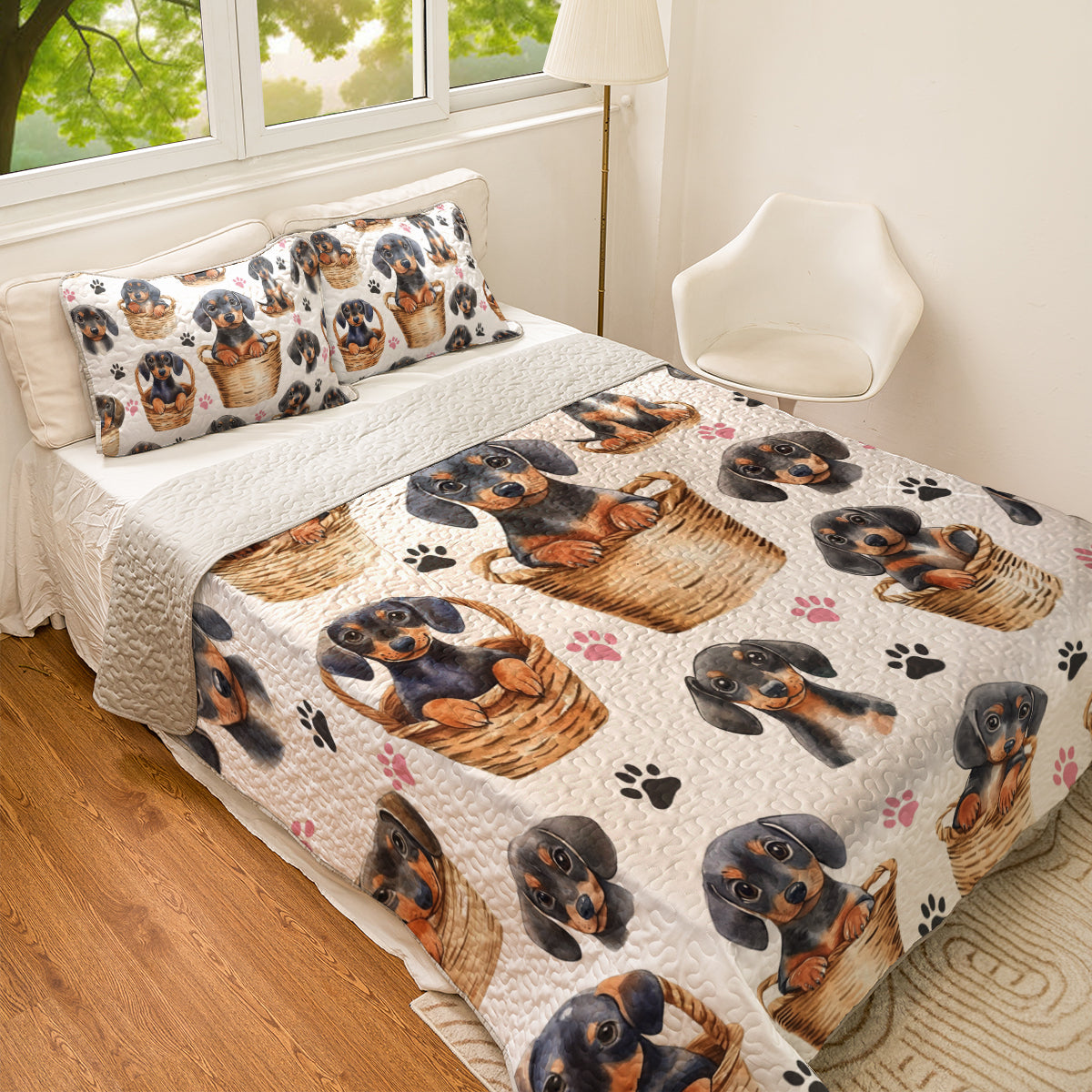 Shineful All Season Quilt 3-Piece Set Cute Dachshund In Basket V2