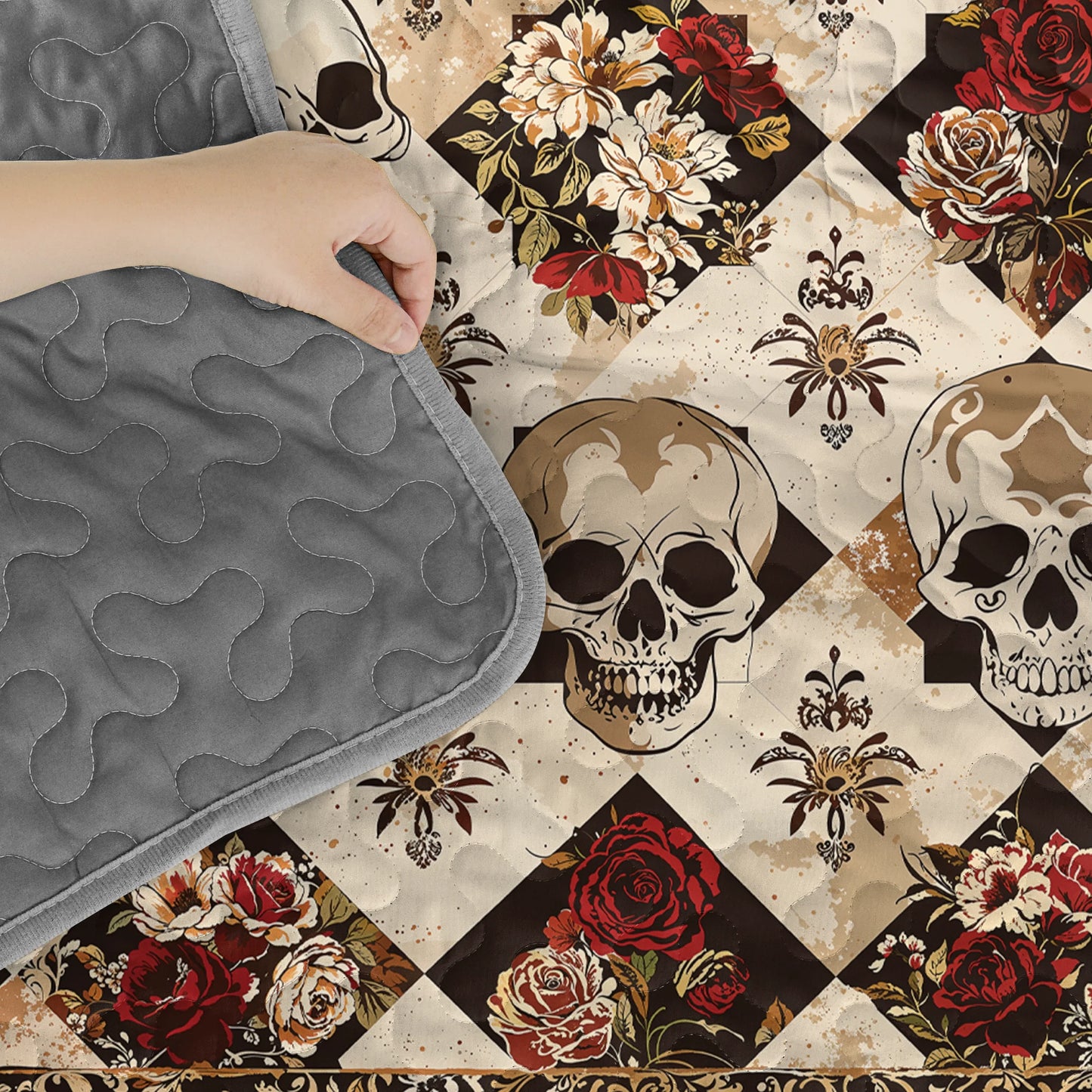 Shineful Quilt 3-Piece Set Elegent Skull Roses