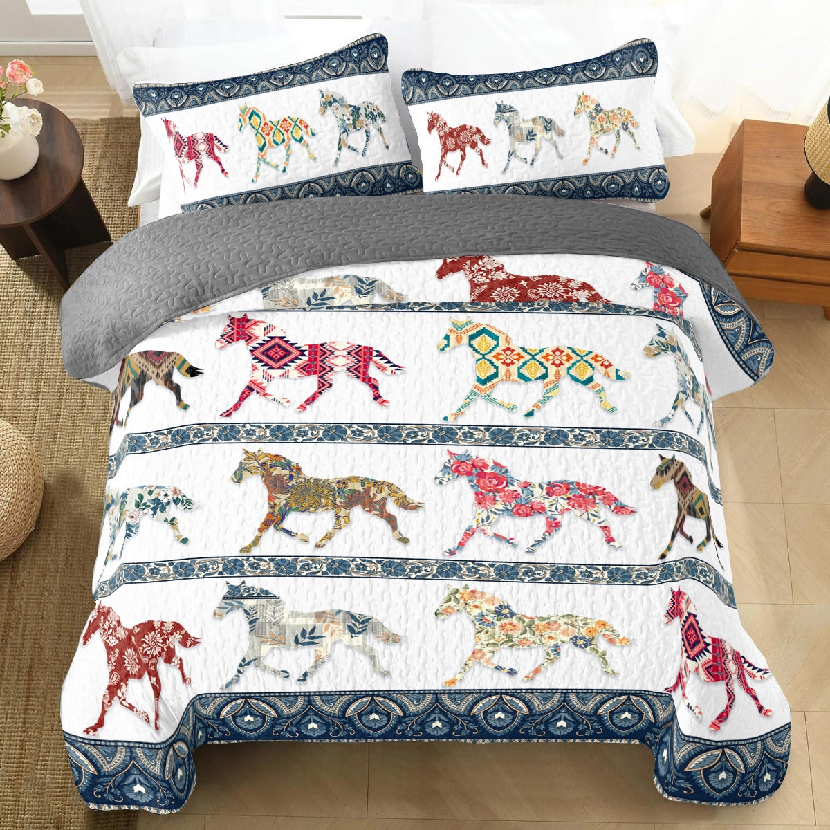 Shineful All Season Quilt 3-Piece Set Horse Galloping In Pattern