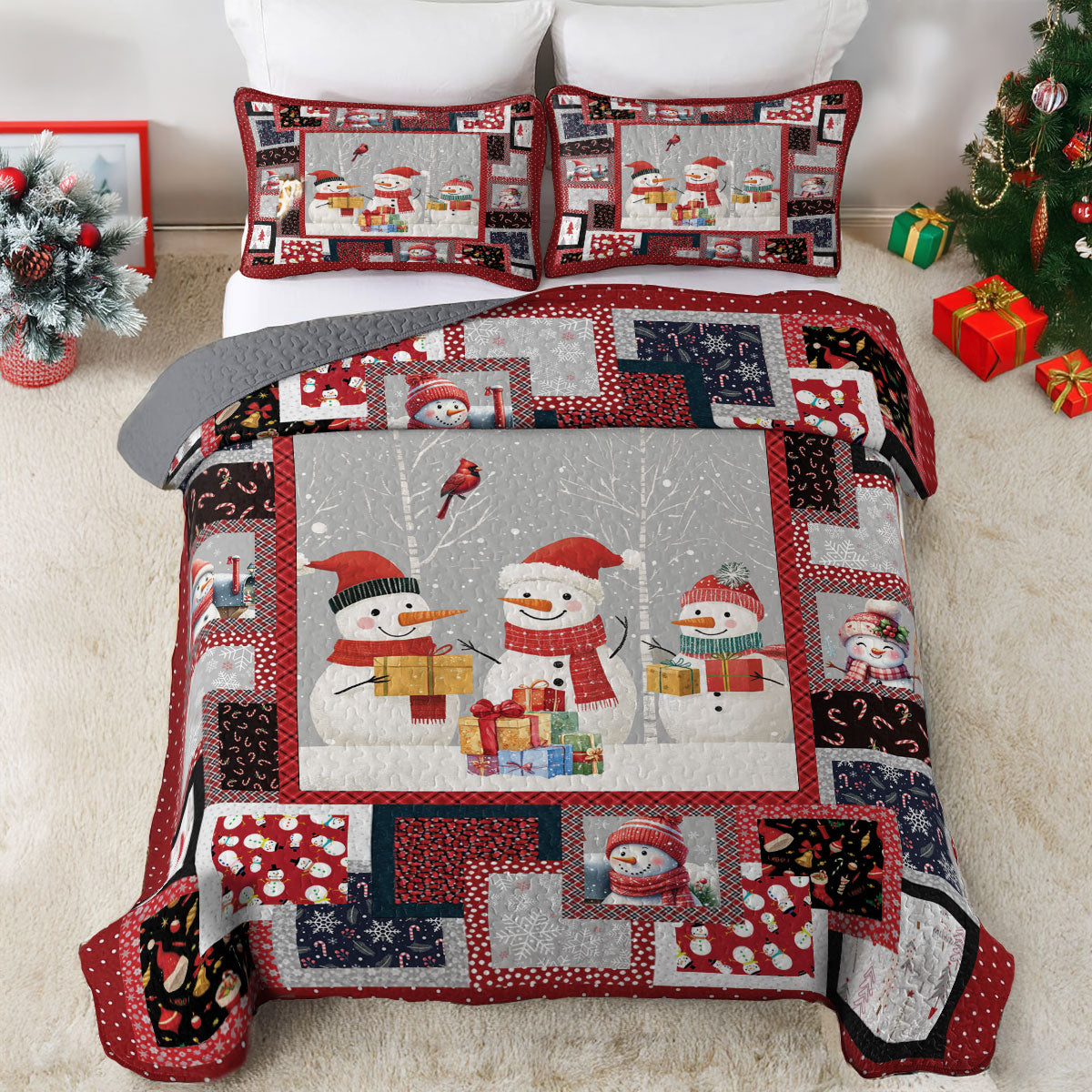 Shineful All Season Quilt 3-Piece Set Snowmen Happy