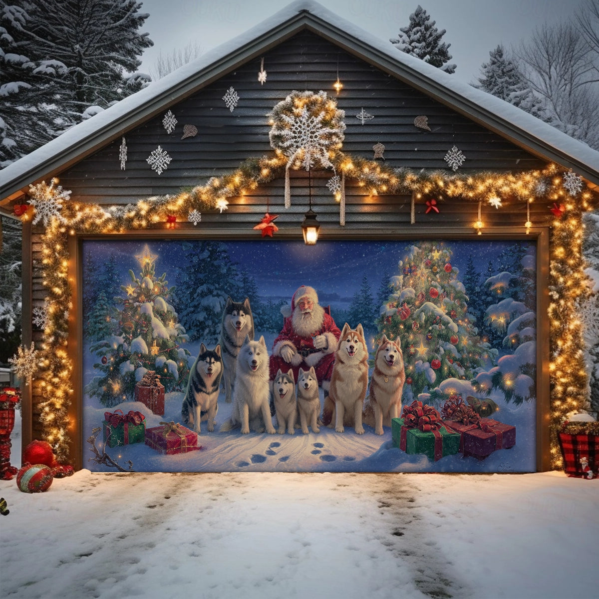 Shineful Garage Door Banner Decoration Santa’s Loyal Husky Guardians