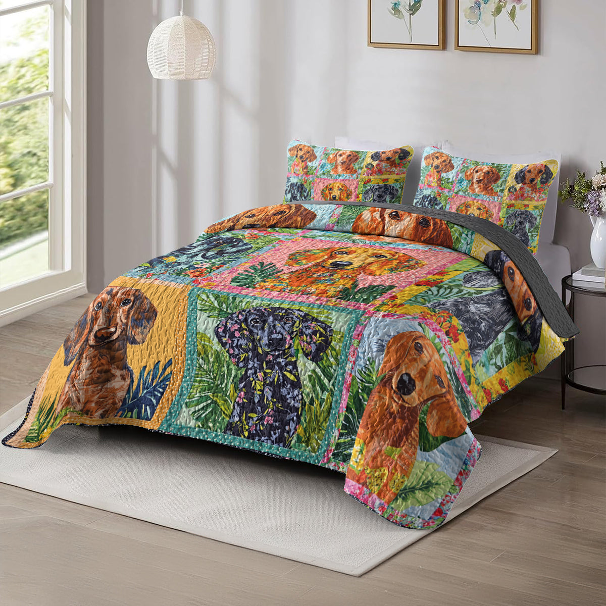 Shineful All Season Quilt 3-Piece Set Dachshund Patchwork Collection
