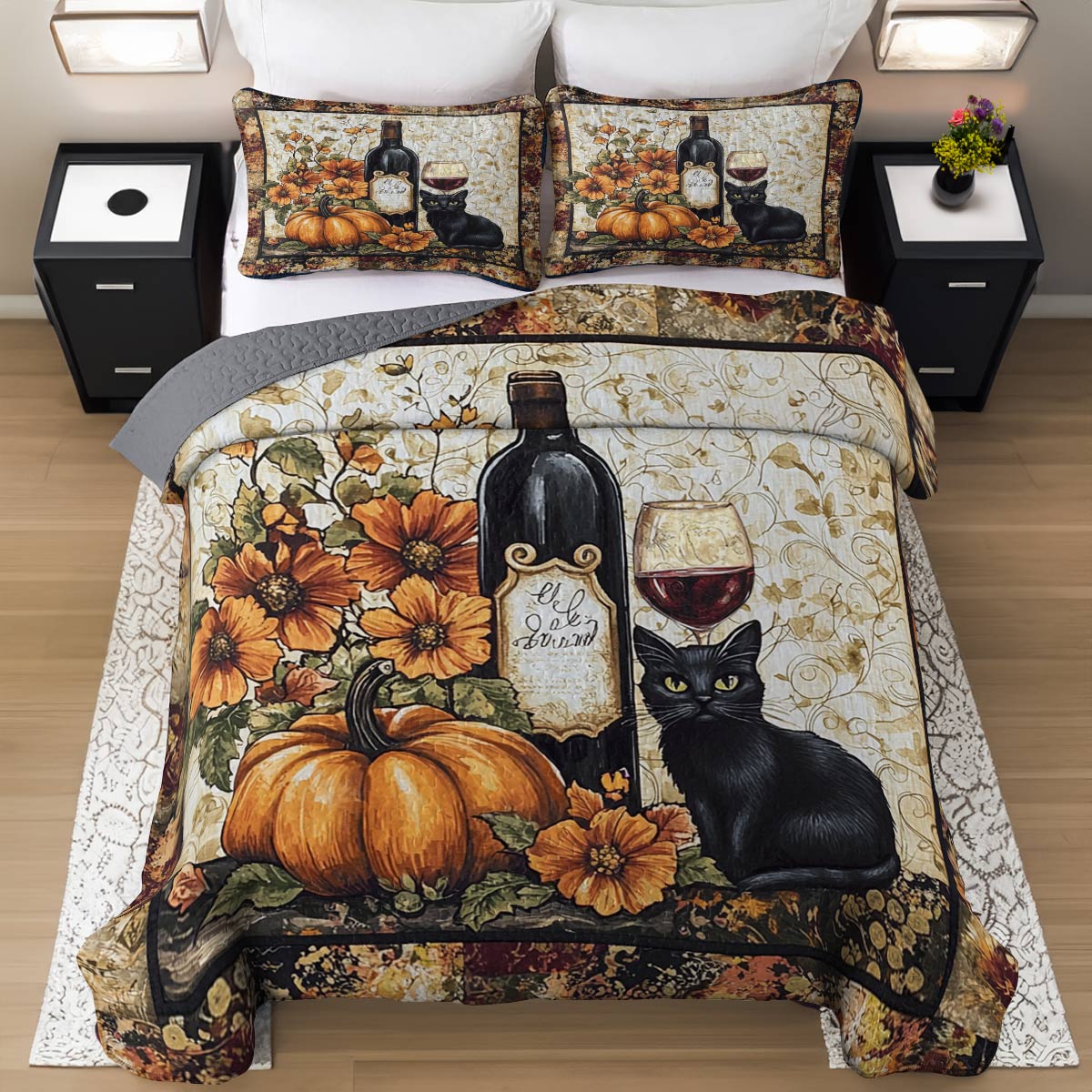 Shineful All Season Quilt 3-Piece Set Elegance Black Cat Wine Lovely