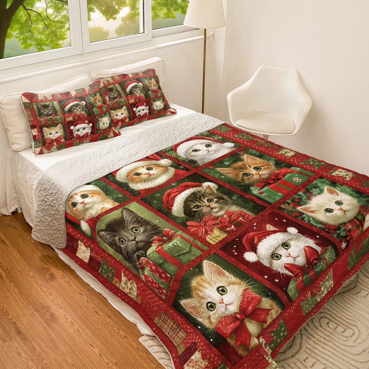 Shineful All Season Quilt 3-Piece Set Christmas Kitty Joy