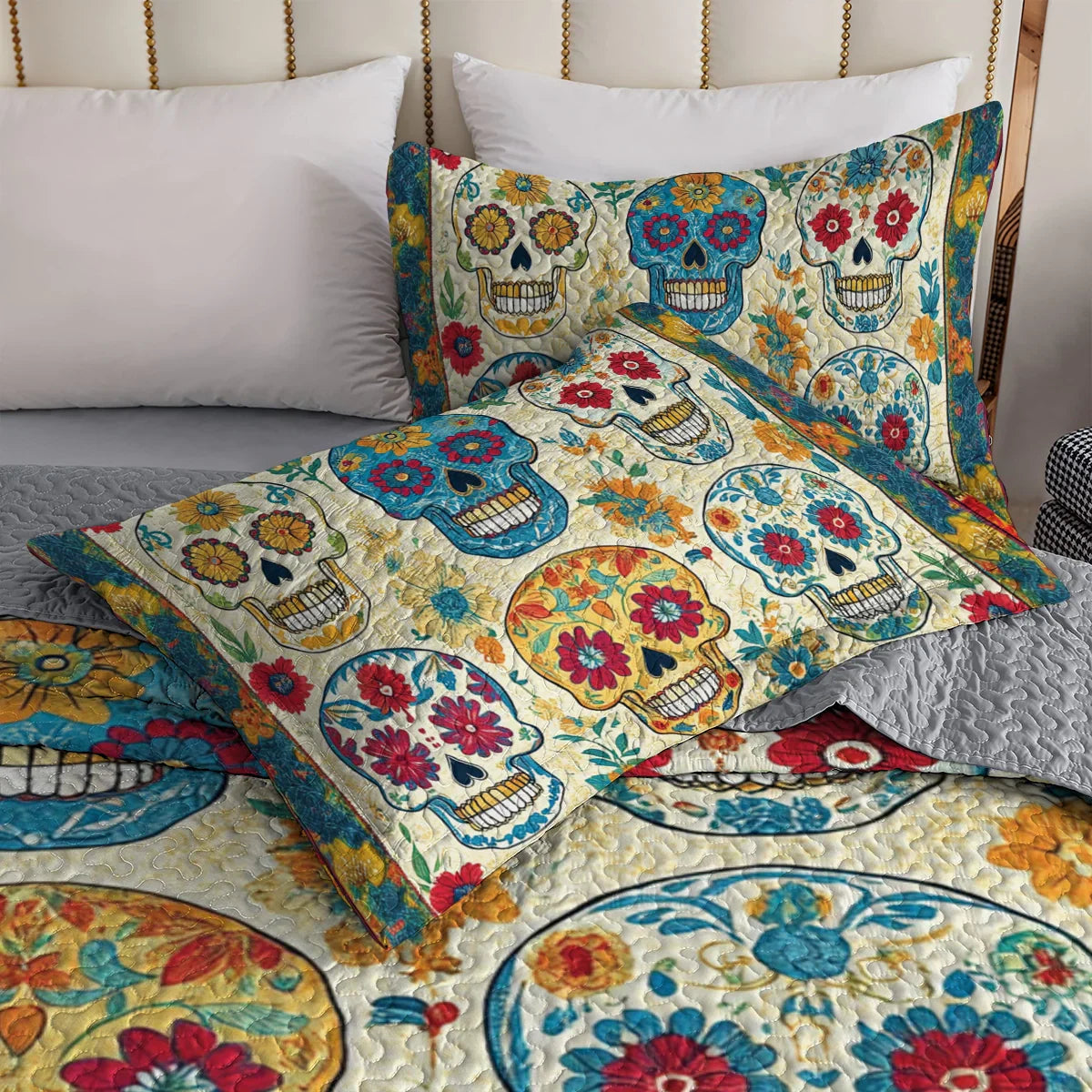 Shineful All Season Quilt 3-Piece Set Floral Skull Dreams Halloween