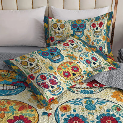 Shineful All Season Quilt 3-Piece Set Floral Skull Dreams Halloween
