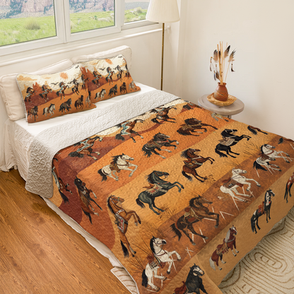 Shineful All Season Quilt 3-Piece Set Native America Horses In Motion