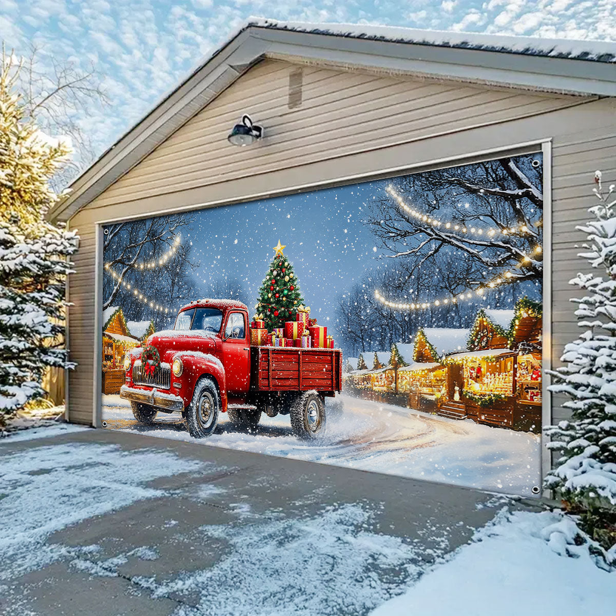 Shineful Garage Door Banner Decoration Red Truck Holiday