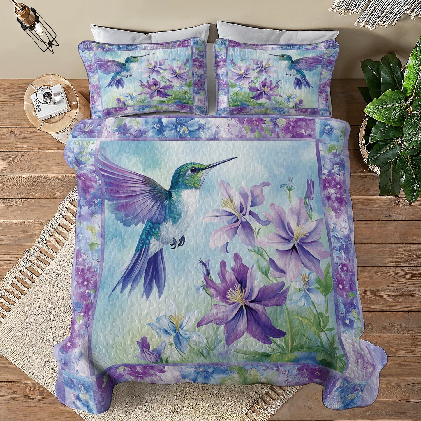 Shineful All Season Quilt 3-Piece Set Hummingbird & Purple Flower