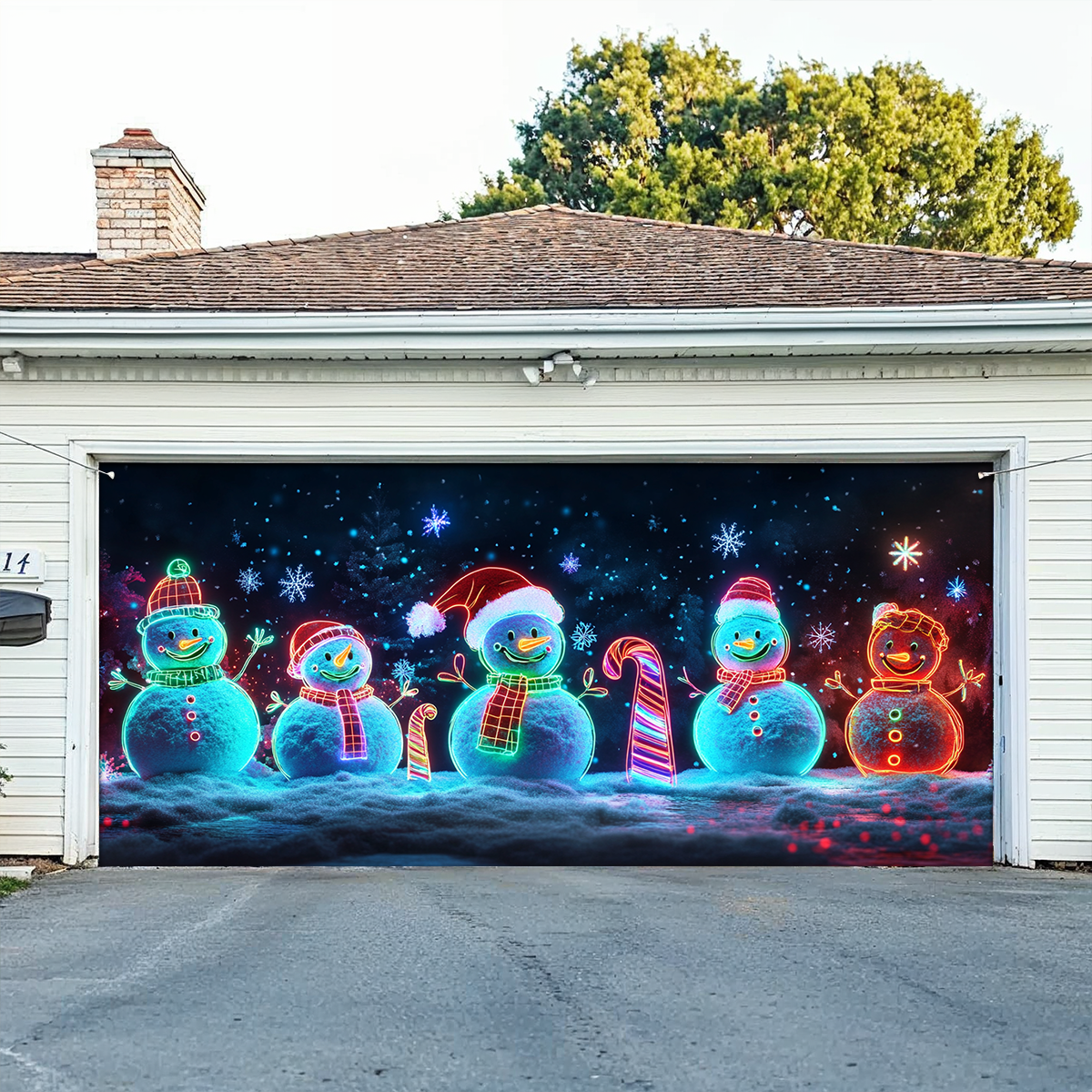 Shineful Garage Door Banner Decoration Snowy Night Snowmen