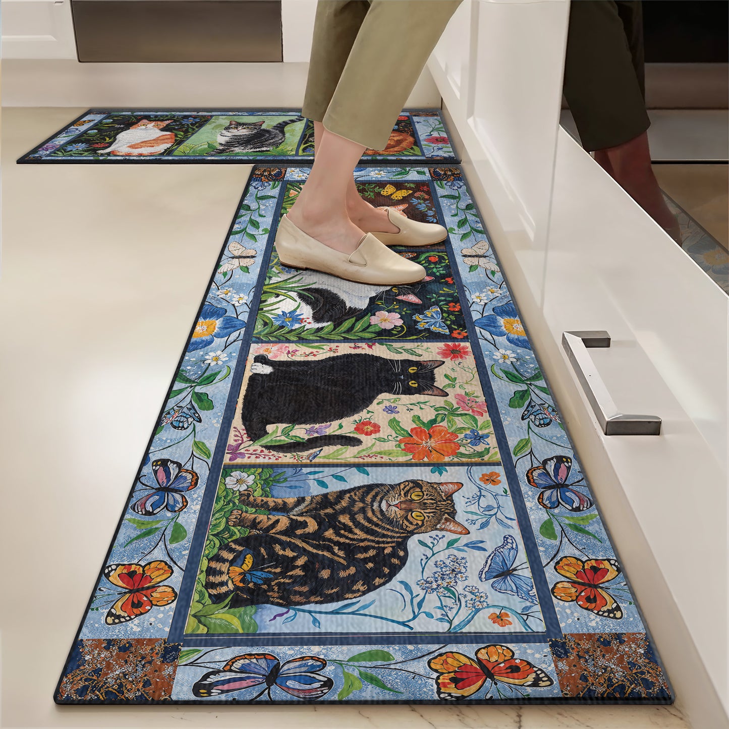 Shineful Ultra-Thin Non Skid Floor Mat, Kitchen Rugs Cat Floral Felines