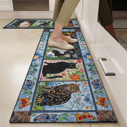 Shineful Ultra-Thin Non Skid Floor Mat, Kitchen Rugs Cat Floral Felines
