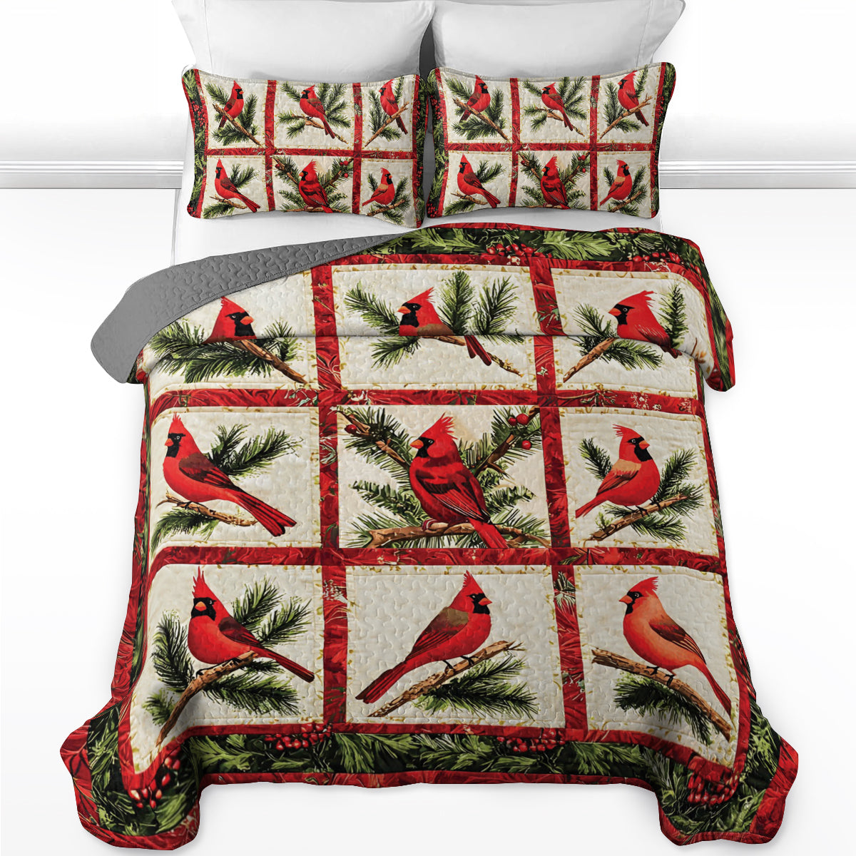 Shineful All Season Quilt 3-Piece Set Christmas Cardinal Blocks