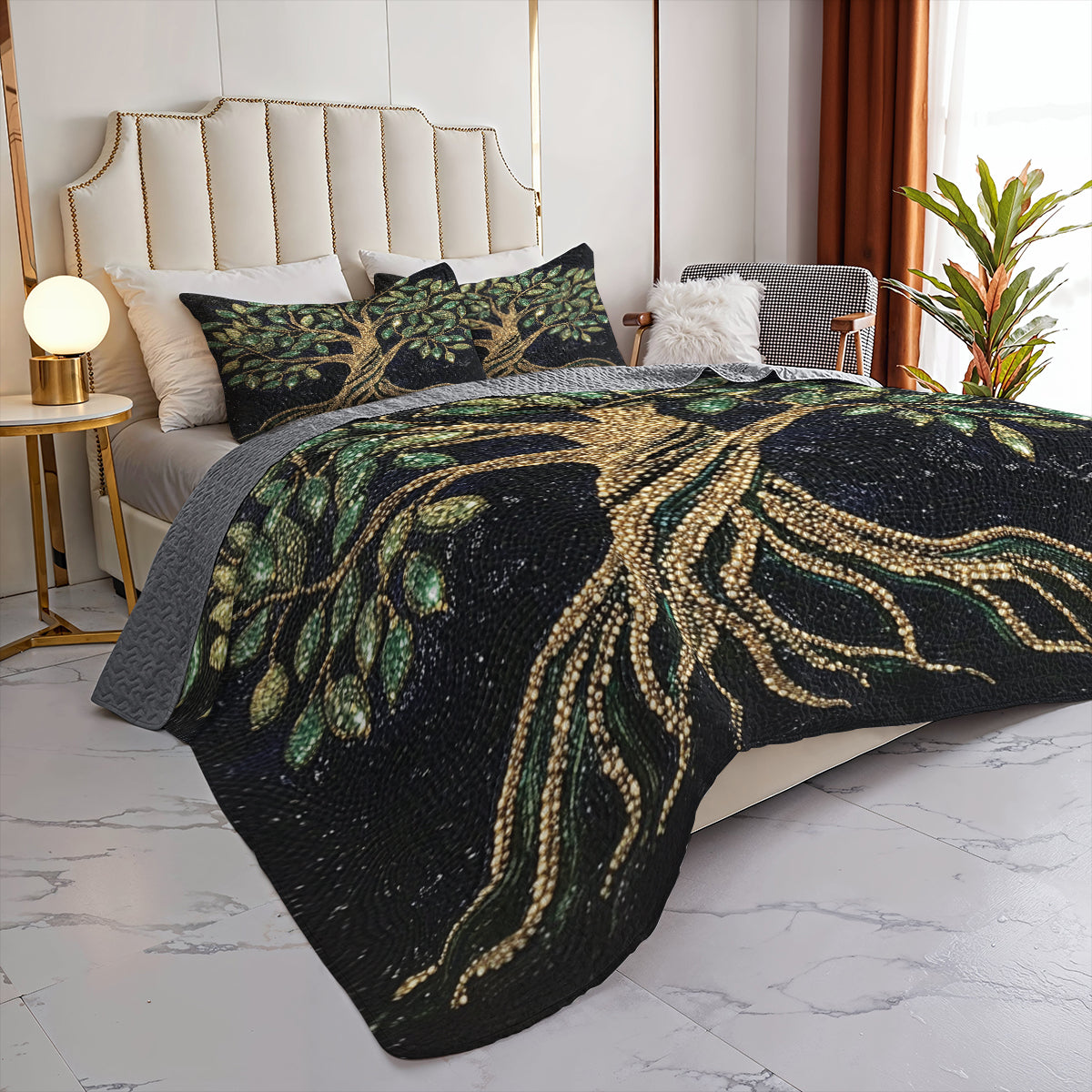 Shineful All Season Quilt 3-Piece Set Golden Tree of Life Luxury