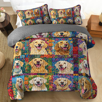 Shineful All Season Quilt 3-Piece Set Floral Golden Retriever Patchwork