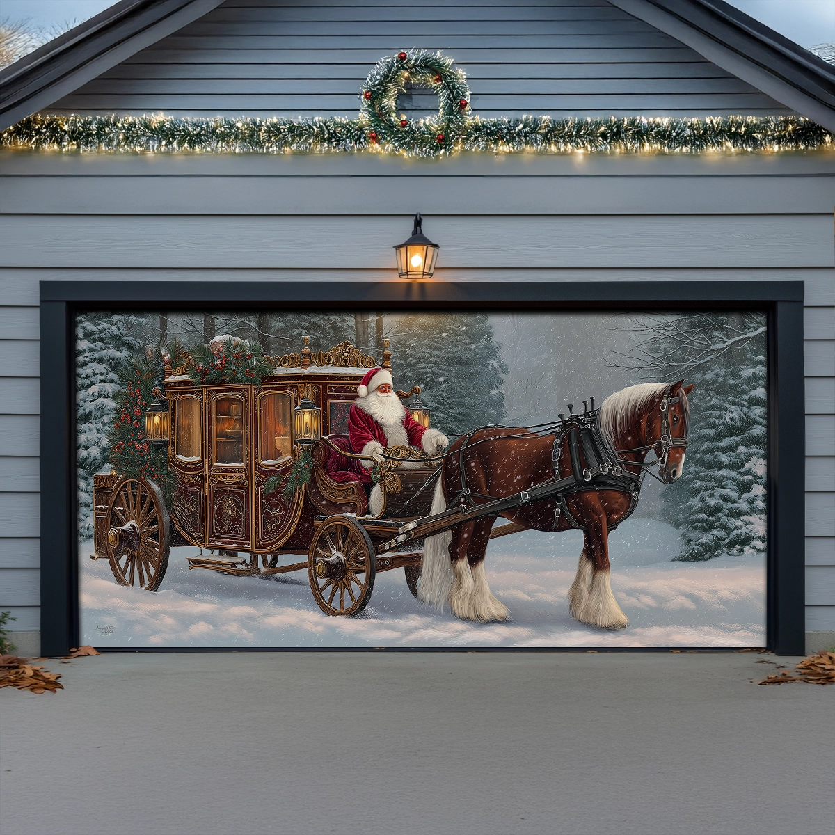 Shineful Garage Door Banner Decoration Santa’s Victorian Carriage Ride