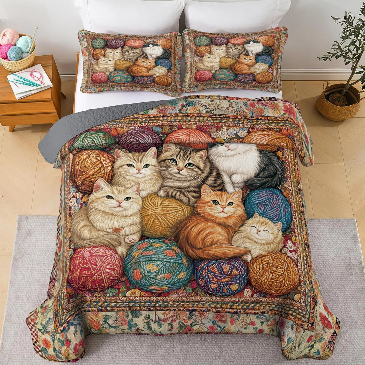 Shineful All Season Quilt 3-Piece Set - Purrfect Yarn Cat