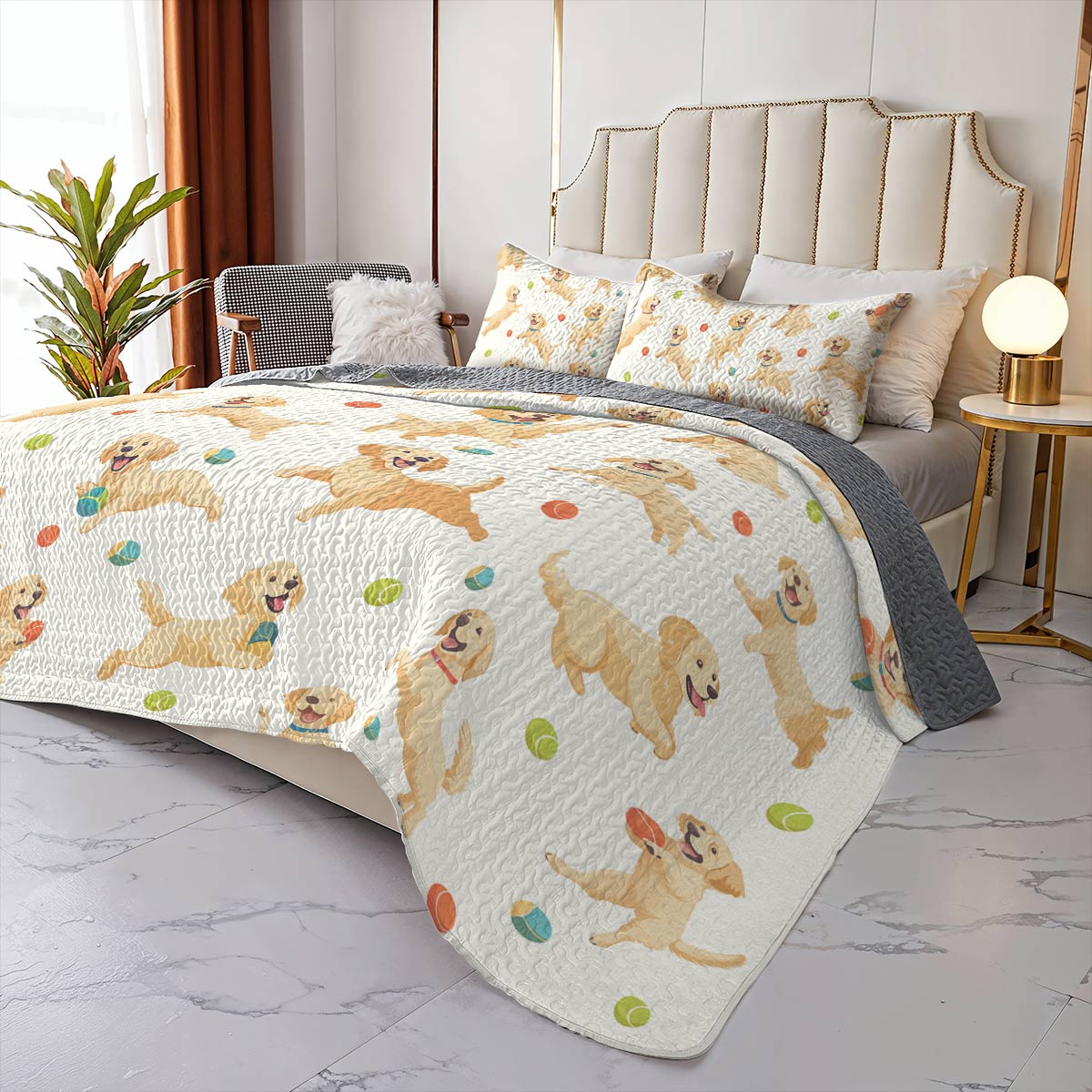 Shineful All Season Quilt 3-Piece Set - Golden Retriever Fetch & Fun