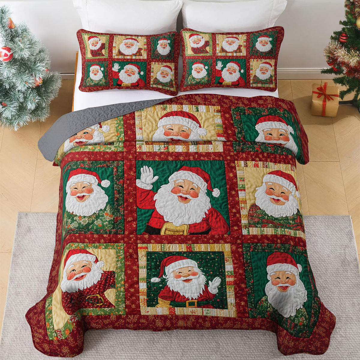 Shineful All Season Quilt 3-Piece Set Jolly Santa Patchwork