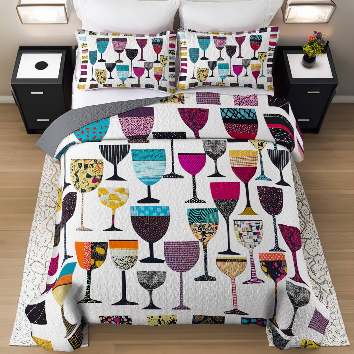 Shineful All Season Quilt 3-Piece Set Colorful Wine Glasses