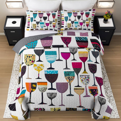 Shineful All Season Quilt 3-Piece Set Colorful Wine Glasses