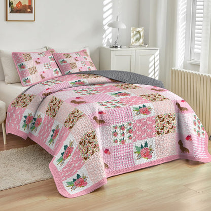 Shineful All Season Quilt 3-Piece Set Pink Patchwork Puppy
