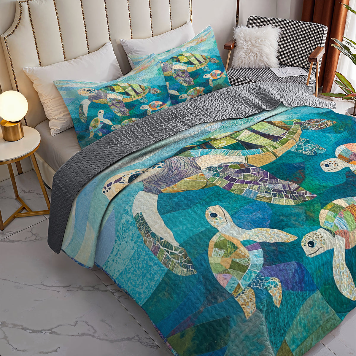 Shineful All Season Quilt 3-Piece Set Oceanic Turtle Family