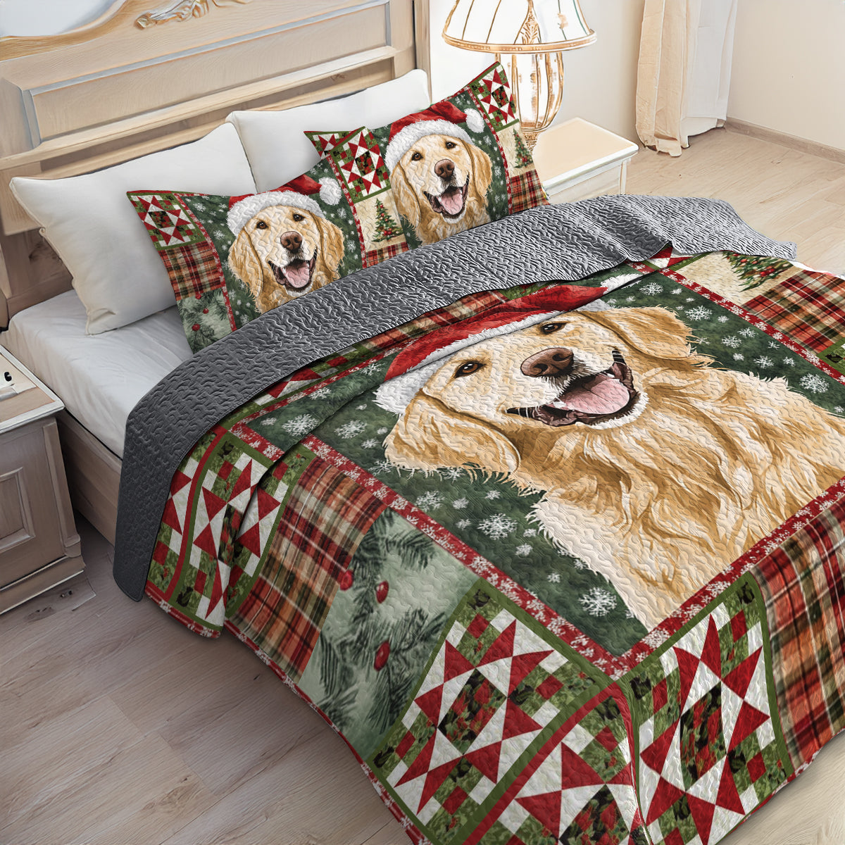 Shineful All Season Quilt 3-Piece Set Golden Retriever Christmas