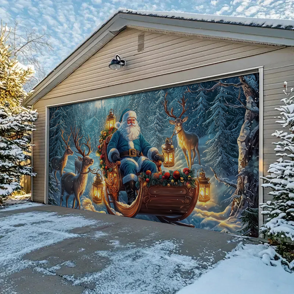 Shineful Garage Door Banner Decoration - Blue Santa Sleigh