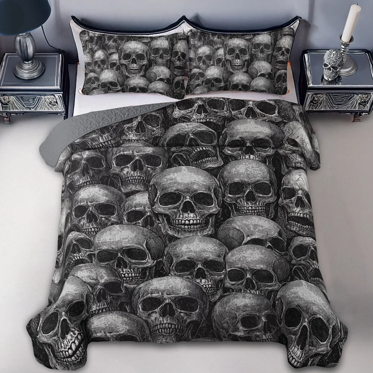 Shineful All Season Quilt 3-Piece Set - Dark Skull Abyss
