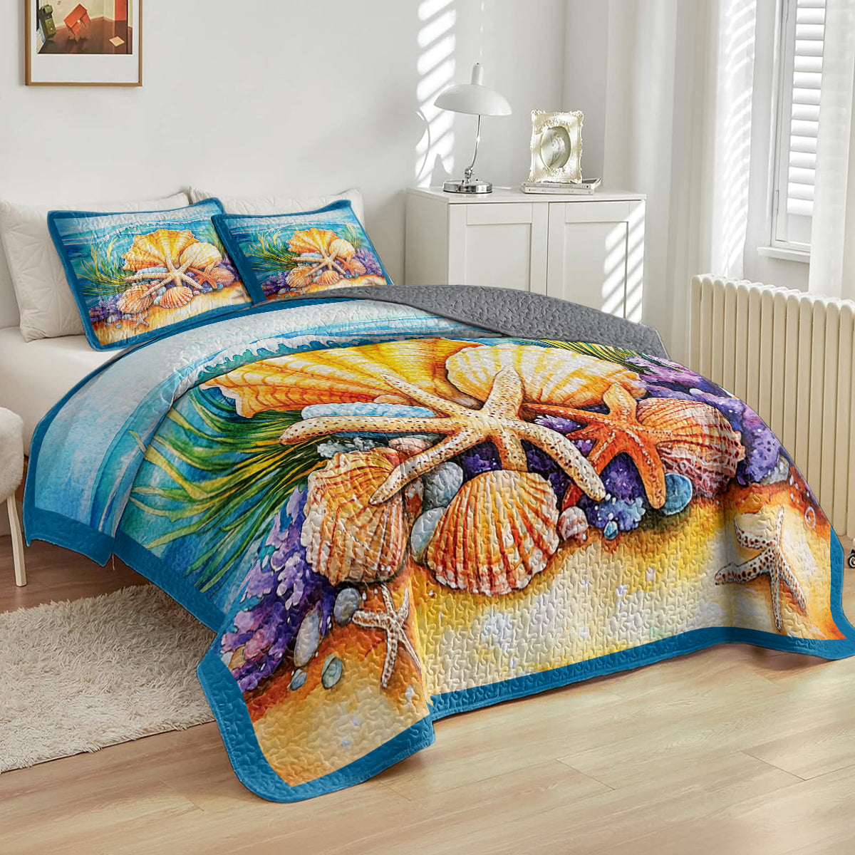 Shineful All Season Quilt 3-Piece Set Seashells On The Beach