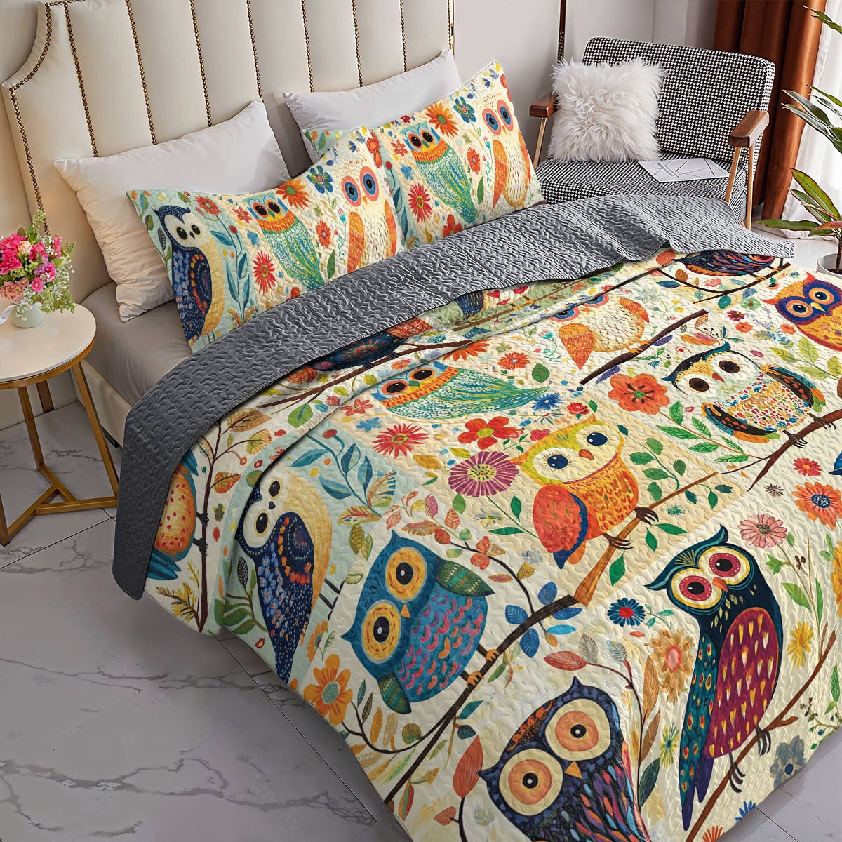 Shineful All Season Quilt 3-Piece Set Pretty Flowers Owl
