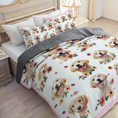 Shineful All Season Quilt 3-Piece Set - Golden with Flowers