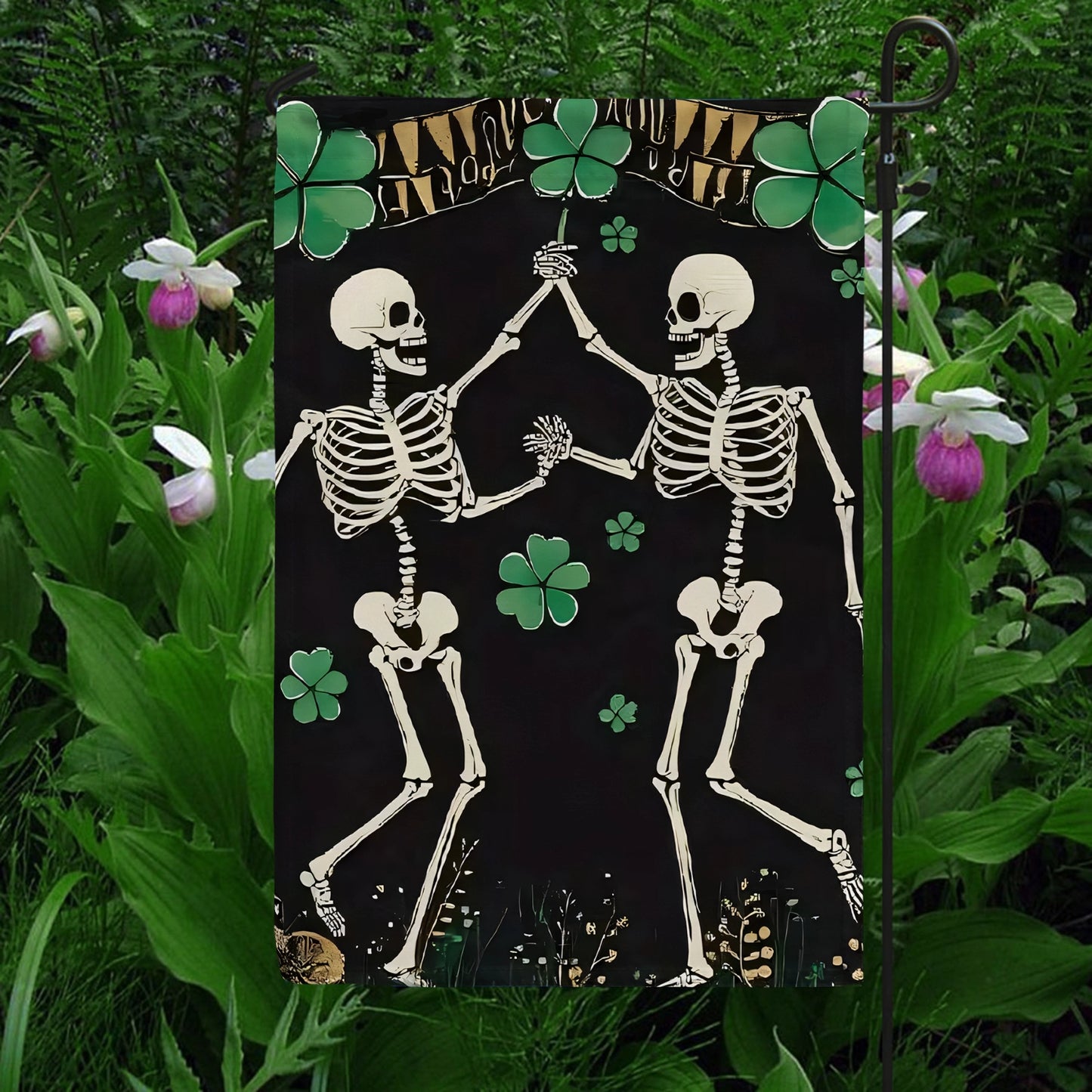 Shineful Gargen Flag 12" x 18" - Shamrock Skeleton Dance