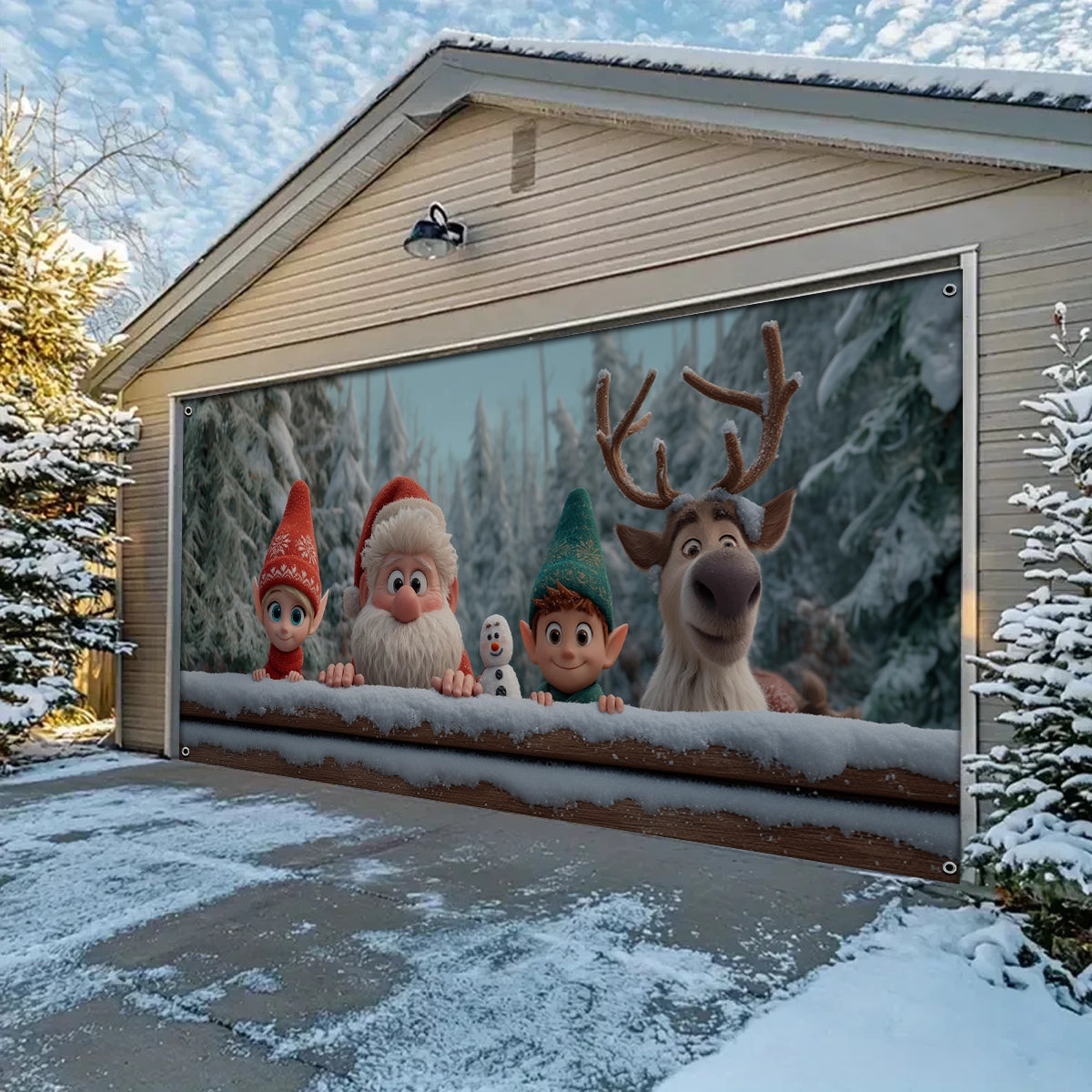 Shineful Garage Door Banner Decoration Santa & Friends Winter Peek