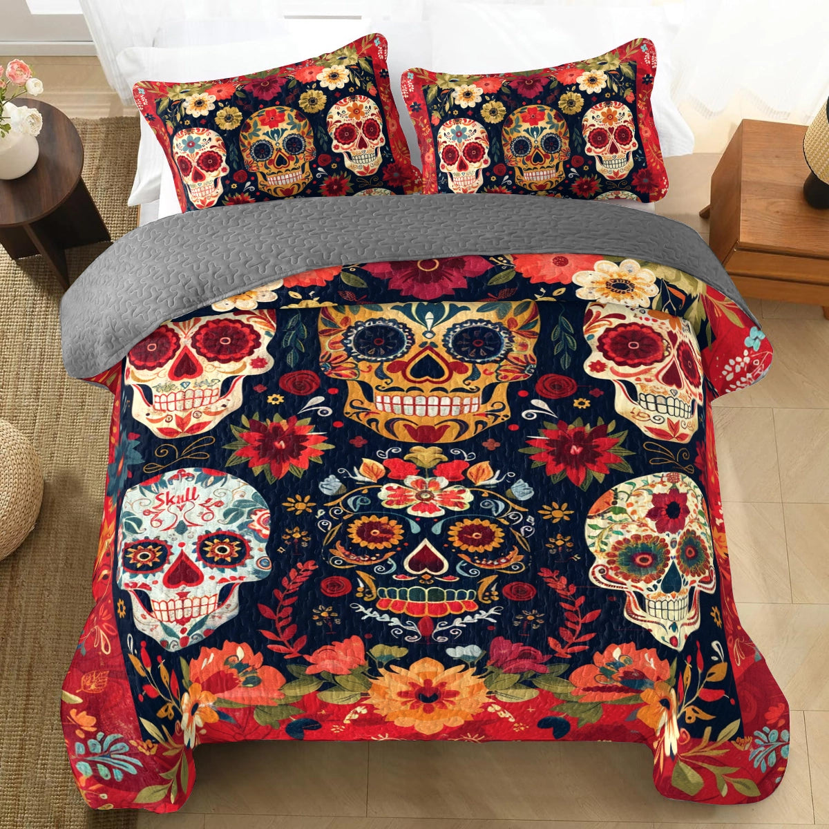 Shineful All Season Quilt 3-Piece Set Vibrant Sugar Skull