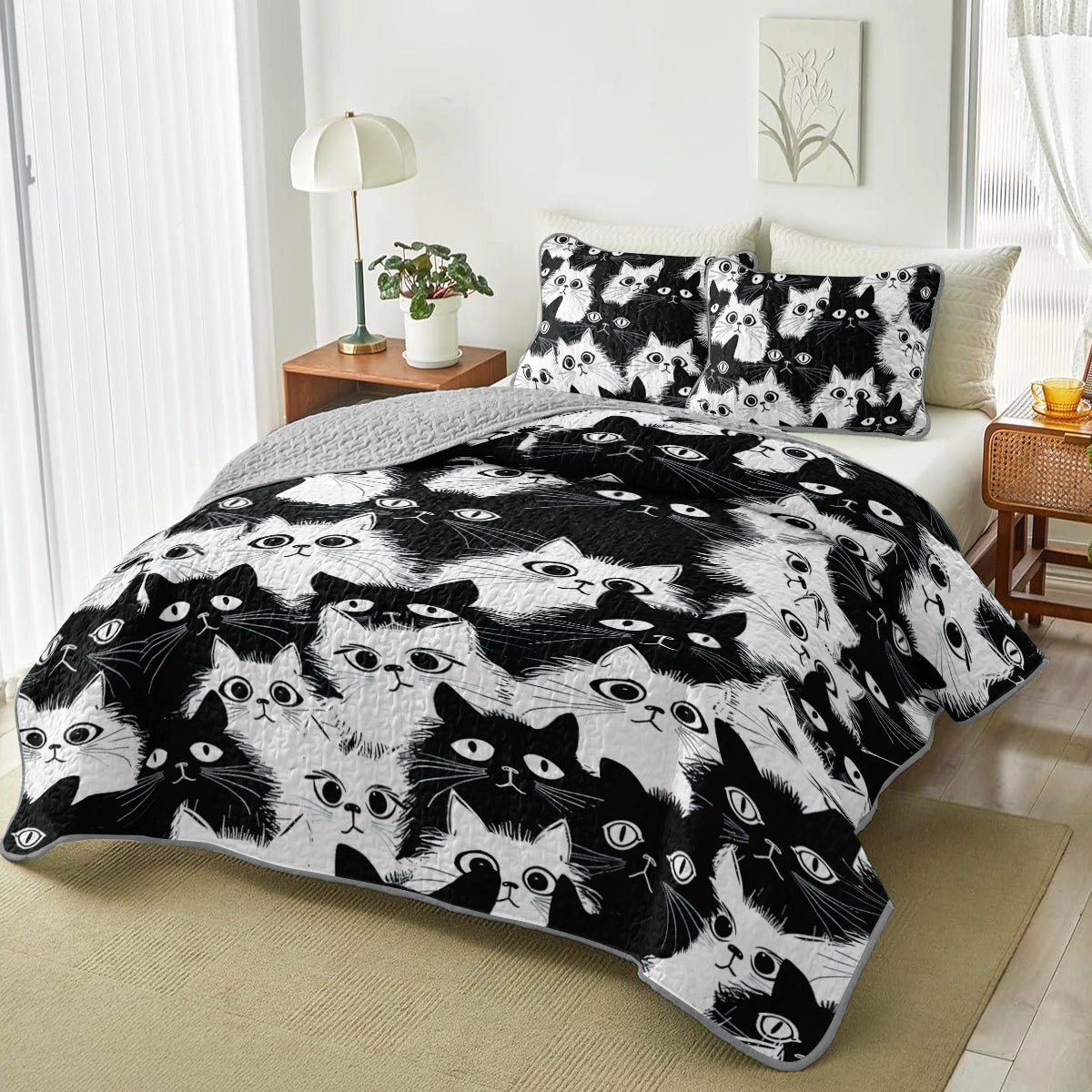 Shineful Quilt 3-Piece Set Cute Chubby Cat