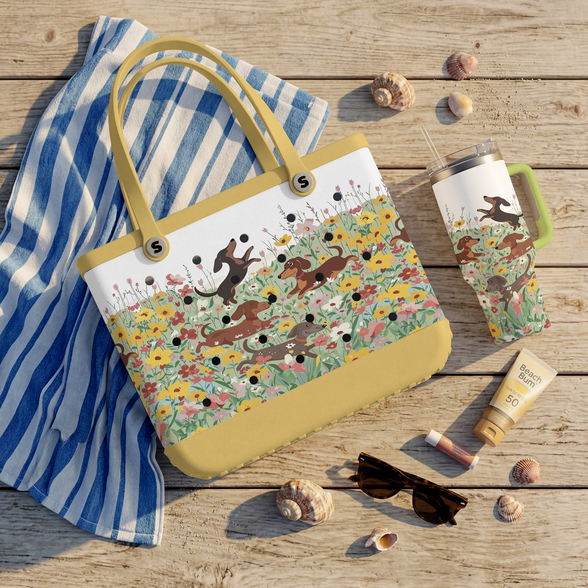 Shineful Bundle Beach Bag And Tumbler  Dachshund In Flower Garden