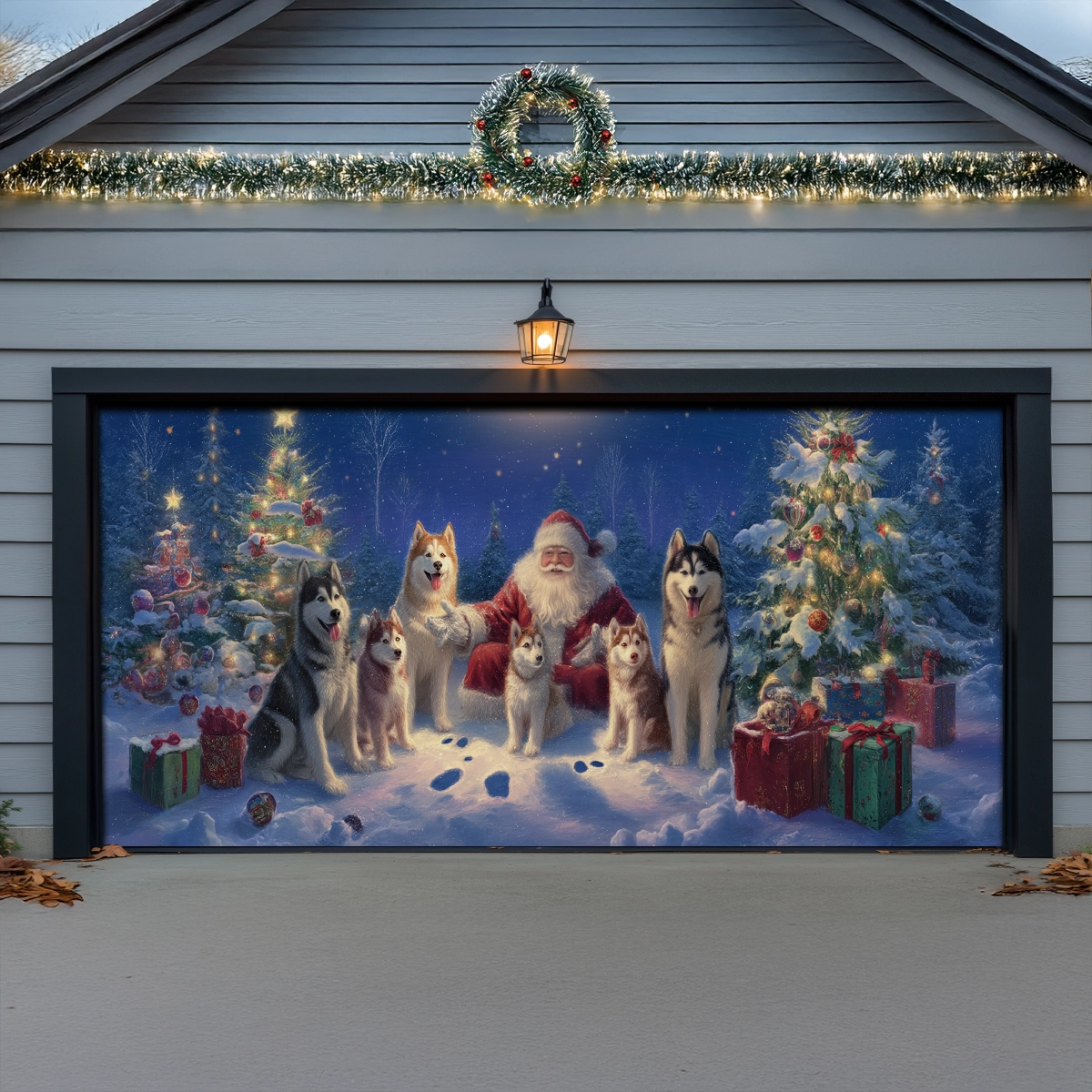 Shineful Garage Door Banner Decoration Santa’s Husky Wonderland