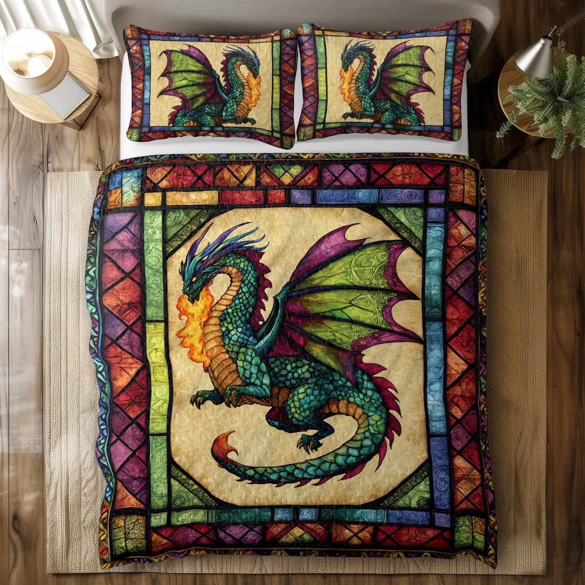 Shineful All Season Quilt 3-Piece Set - Mystic Flames Dragon