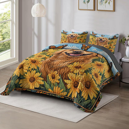 Shineful All Season Quilt 3-Piece Set Happy Golden Retriever In Flower Field