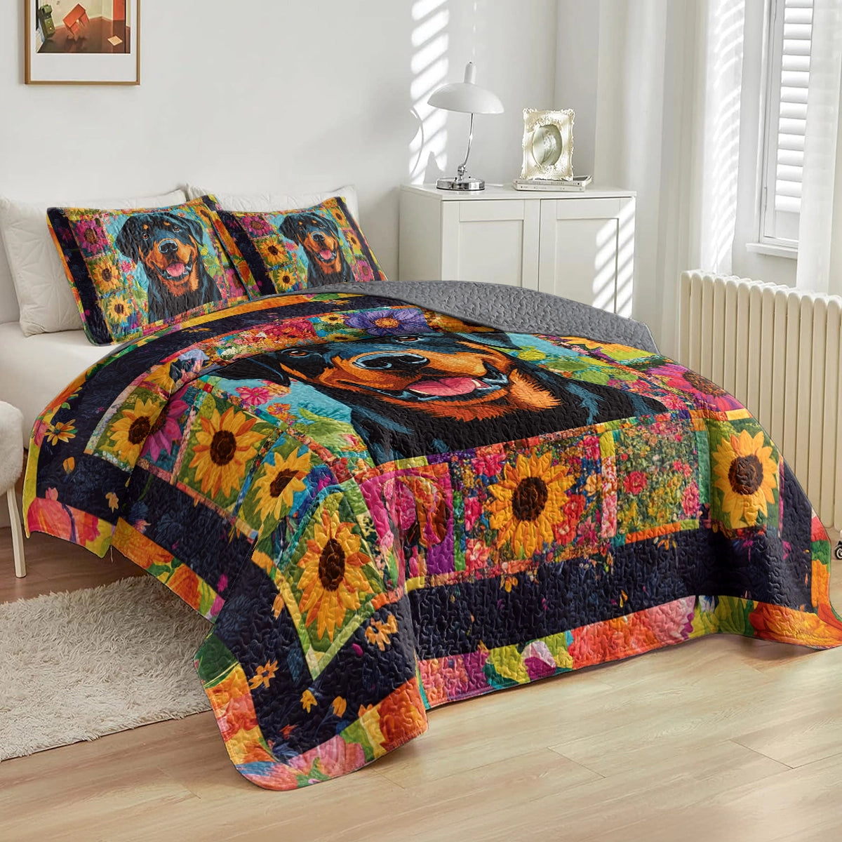 Shineful All Season Quilt 3-Piece Set Floral Majesty Rottweiler