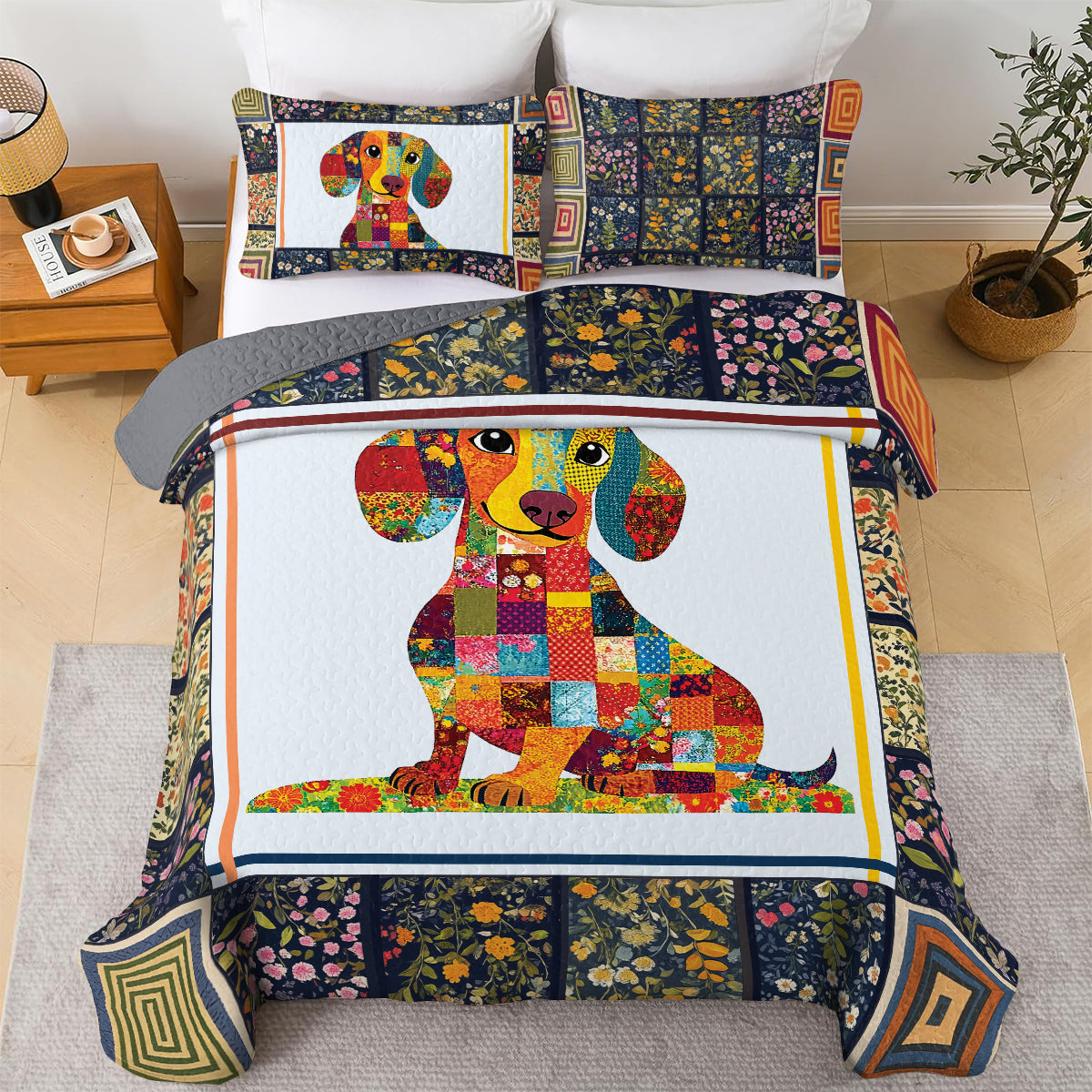 Shineful All Season Quilt 3-Piece Set - Happy Dachshund With Beautiful Flowers